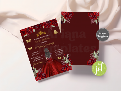 Burgundy Gold Quinceanera Invitation Template