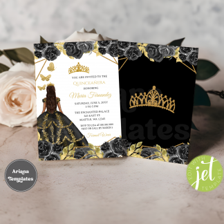 Printable Black Gold Quinceanera and Sweet 16 Invitation Template