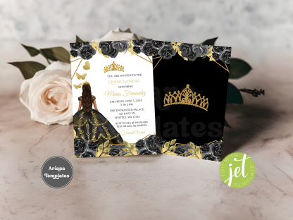 Printable Black Gold Quinceanera and Sweet 16 Invitation Template