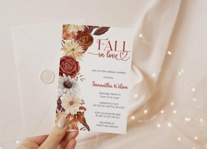 Fall in Love Bridal Shower Invitation Template | Autumn Wedding Shower Invite | Digital Download | Rustic Floral Invite