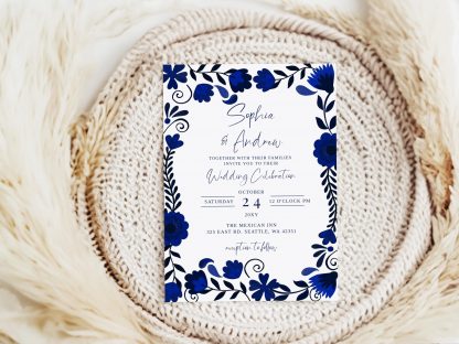 Mexican Blue Talavera Wedding Invitation Set, Qr Code Rsvp, Instant Download