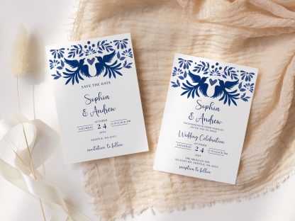 Mexican Otomi Wedding Invitation & Save the Date in Blue Talavera Design. Instant Download