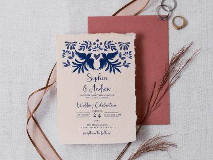 Mexican Otomi Wedding Invitation & Save the Date in Blue Talavera Design. Instant Download