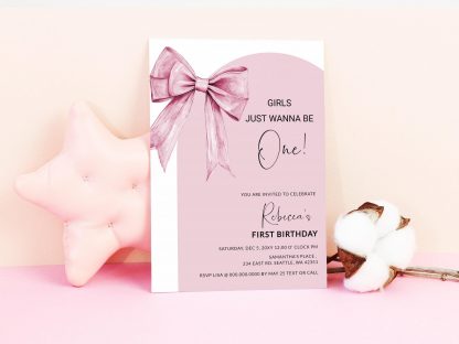 Pink Bow Birthday Invitation, 1st Birthday, First Birthday Invite, Pink Bow Invitation Template, Girls Just Wanna Be ONE