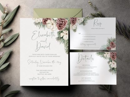 Winter Wedding Invitation Template | Christmas Wedding Invitation Set | Editable Rustic Winter Wedding Invite Suite | RSVP QR code