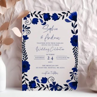 Mexican Blue Talavera Wedding Invitation Set, Qr Code Rsvp, Instant Download