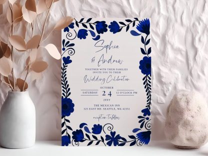 Mexican Blue Talavera Wedding Invitation Set, Qr Code Rsvp, Instant Download