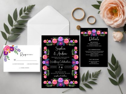 Mexican Folk Floral Wedding Invitation Set | Fiesta Wedding Invitations | Bright Florals |QR Code Rsvp