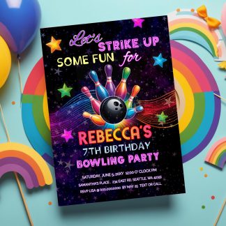 Bowling birthday invitation editable template | let's strike up some fun bowling party invitation | rainbow neon glow girls birthday invite