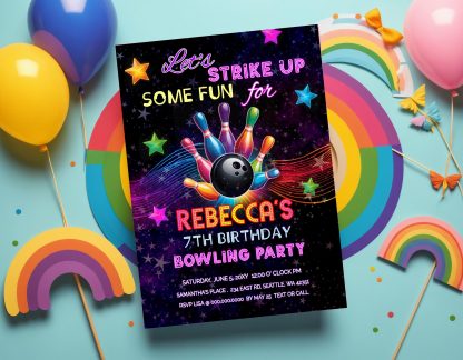 Bowling birthday invitation editable template | let's strike up some fun bowling party invitation | rainbow neon glow girls birthday invite