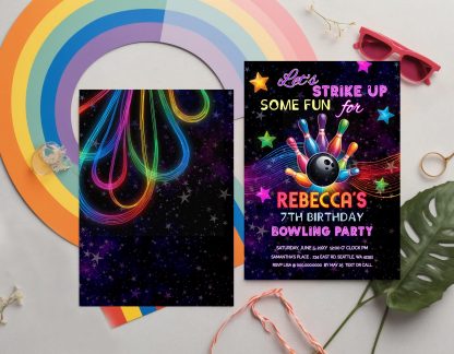 Bowling birthday invitation editable template | let's strike up some fun bowling party invitation | rainbow neon glow girls birthday invite