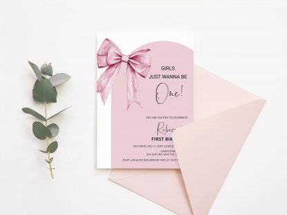 Pink Bow Birthday Invitation, 1st Birthday, First Birthday Invite, Pink Bow Invitation Template, Girls Just Wanna Be ONE