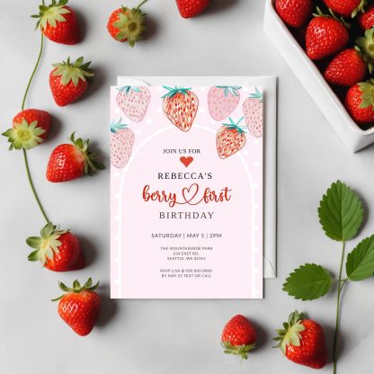 Berry First Birthday Invitation, Editable 1st Birthday Girl Invite, Printable Strawberry First Birthday Girl Invitation Template