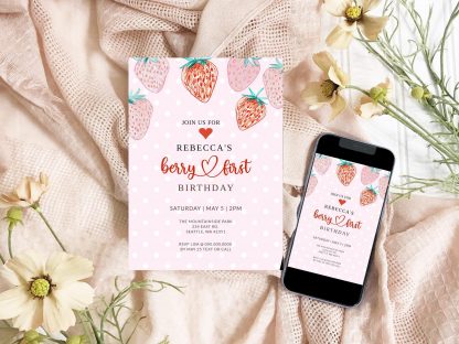 Berry First Birthday Invitation, Editable 1st Birthday Girl Invite, Printable Strawberry First Birthday Girl Invitation Template