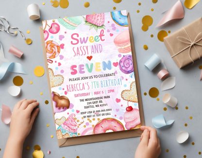 Sweet Sassy and Seven, 7th Girl Birthday Invitation, cotton candy sweets donut ice cream cupcake, Any Age Birthday Invitation