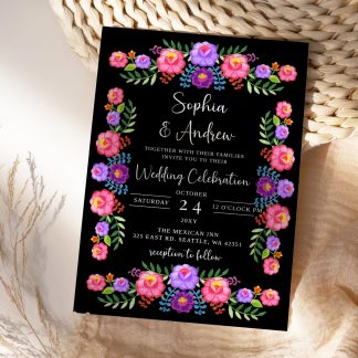 Mexican Folk Floral Wedding Invitation Set | Fiesta Wedding Invitations | Bright Florals |QR Code Rsvp