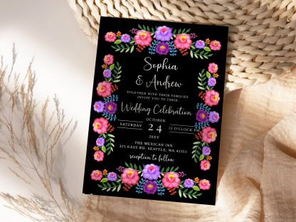 Mexican Folk Floral Wedding Invitation Set | Fiesta Wedding Invitations | Bright Florals |QR Code Rsvp