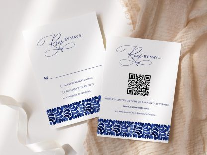 Mexican Blue Talavera Wedding Invitation Set | Watercolor Wedding Invitation | Qr Code Rsvp