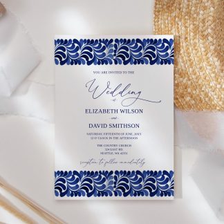 Mexican Blue Talavera Wedding Invitation Set | Watercolor Wedding Invitation | Qr Code Rsvp