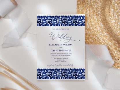 Mexican Blue Talavera Wedding Invitation Set | Watercolor Wedding Invitation | Qr Code Rsvp