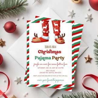 Christmas Pajama Party Invite Template, Holiday Invitation Template, Reindeer Candy Cane, Kid Sleepover, Instant Download