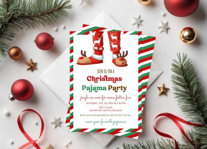 Christmas Pajama Party Invite Template, Holiday Invitation Template, Reindeer Candy Cane, Kid Sleepover, Instant Download