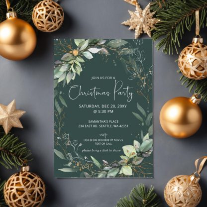 Christmas Party Invitation, Green Gold Leafy, Holiday Party Invitation Template, Editable Christmas Invitation, Modern Botanical Christmas