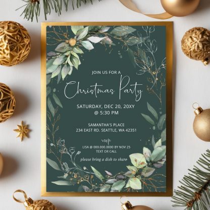 Christmas Party Invitation, Green Gold Leafy, Holiday Party Invitation Template, Editable Christmas Invitation, Modern Botanical Christmas