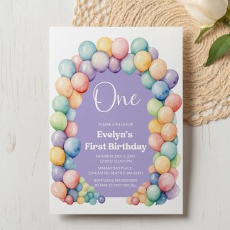 Pastel Rainbow Birthday Invitation, Pastel 1st Birthday Invite, First Birthday Invitation, 1st Birthday Girl, Pastel Rainbow Balloon Arch