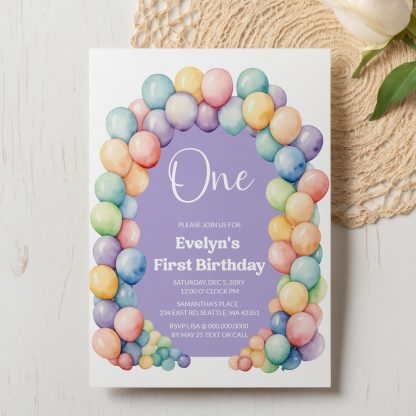 Pastel Rainbow Birthday Invitation, Pastel 1st Birthday Invite, First Birthday Invitation, 1st Birthday Girl, Pastel Rainbow Balloon Arch