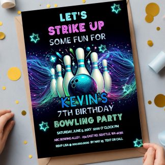 Editable Bowling Birthday Invitation, Glow Bowling Invitation, Neon Bowling Party, Boy Bowling Invite, Glow Invite, Strike Up Some Fun