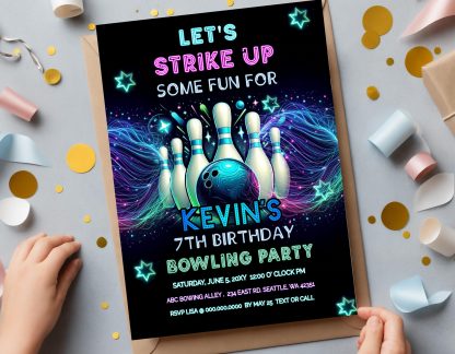 Editable Bowling Birthday Invitation, Glow Bowling Invitation, Neon Bowling Party, Boy Bowling Invite, Glow Invite, Strike Up Some Fun