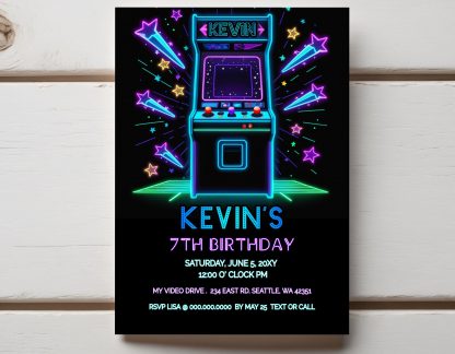 Editable Arcade Birthday Party Invitation, Arcade Party Invite, Glow Video Game Birthday Invitation, Neon Boy Game Truck Party