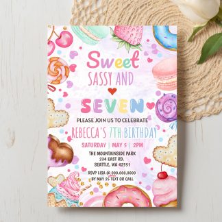 Sweet Sassy and Seven, 7th Girl Birthday Invitation, cotton candy sweets donut ice cream cupcake, Any Age Birthday Invitation