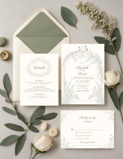 Woodland Wedding Invitation Suite | Garden Wedding | Coquette Wedding | Green Wedding | Chinoiserie Invitations