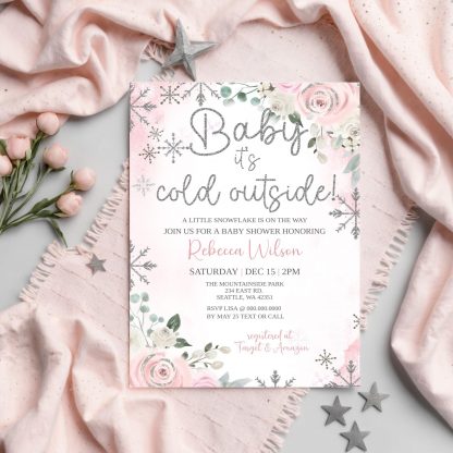 Winter Wonderland Baby Shower Girl invitation | It's Cold Outside | Winter Floral | Snowflake Shower | Editable template | Pink