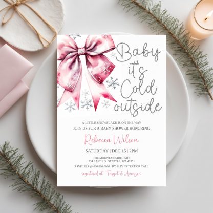 Pink Bow Baby It's Cold Outside Baby Shower Invitation Template | Christmas | Holiday Snowflake | Snowfall | Winter Wonderland | Silver