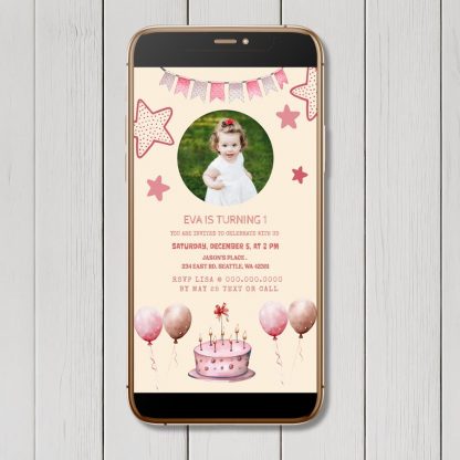 Phone Digital Invitation | Photo e-card | WhatsApp invitation | birthday invitation mobile | Girl Birthday | Pink