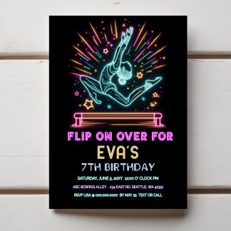 Gymnastics party invitation, Gymnastics Birthday, Neon Glow Gymnastics Invitations, Tumbling Party, Acro Party