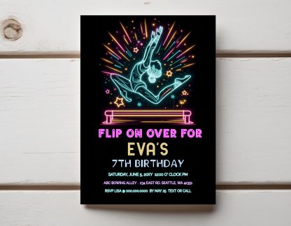 Gymnastics party invitation, Gymnastics Birthday, Neon Glow Gymnastics Invitations, Tumbling Party, Acro Party