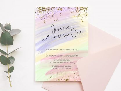 Rainbow Birthday Invitation Colorful Watercolor Gold Glitter Sprinkles Ombre Pastel Invitation 1st 2nd 3rd Printable Editable Invite