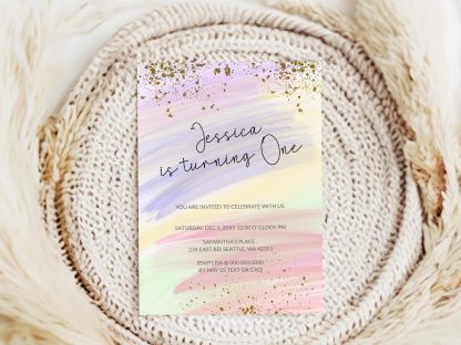 Rainbow Birthday Invitation Colorful Watercolor Gold Glitter Sprinkles Ombre Pastel Invitation 1st 2nd 3rd Printable Editable Invite