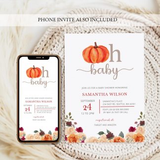 Orange Pumpkin Fall Baby Shower Invitation Template, Autumn Baby Shower Invites Gender Neutral, Oh Baby, Instant Download