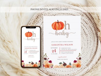 Orange Pumpkin Fall Baby Shower Invitation Template, Autumn Baby Shower Invites Gender Neutral, Oh Baby, Instant Download