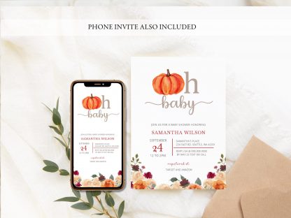 Orange Pumpkin Fall Baby Shower Invitation Template, Autumn Baby Shower Invites Gender Neutral, Oh Baby, Instant Download