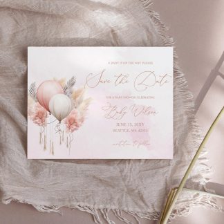 Baby Shower Save the Date Template, Blush Balloon Baby Shower, Watercolor Pink Baby Shower Invite Bohemian Shower Save the Date