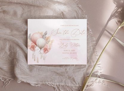 Baby Shower Save the Date Template, Blush Balloon Baby Shower, Watercolor Pink Baby Shower Invite Bohemian Shower Save the Date