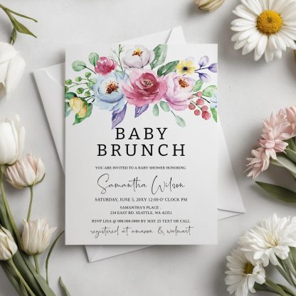 Baby Shower Brunch Invitation | Spring Baby Shower Invitation | Girl Baby Shower | Pink Floral Printable Invite Digital File