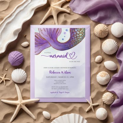 Mermaid Baby Shower Invitation | Purple Mermaid Tail Baby Shower | Under The Sea Baby Shower Template